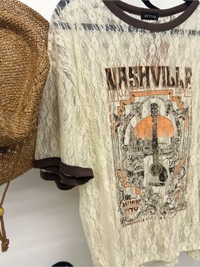Cream Lace Nashville Accent Tee with Brown Trim